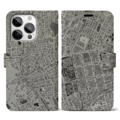 【西新宿（東京都）】地図柄iPhoneケース（手帳タイプ）モノトーン・iPhone 14 Pro 用