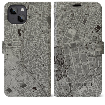 【西新宿（東京都）】地図柄iPhoneケース（手帳タイプ）モノトーン・iPhone 14 Plus 用