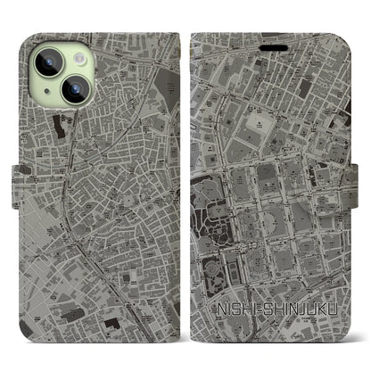 【西新宿（東京都）】地図柄iPhoneケース（手帳タイプ）モノトーン・iPhone 15 用