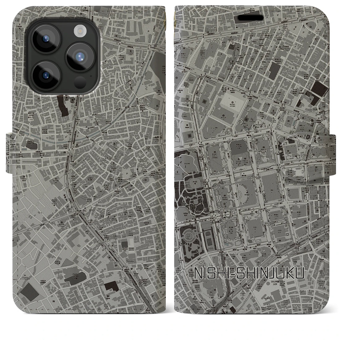 【西新宿】地図柄iPhoneケース（手帳両面タイプ・モノトーン）iPhone 15 Pro Max 用