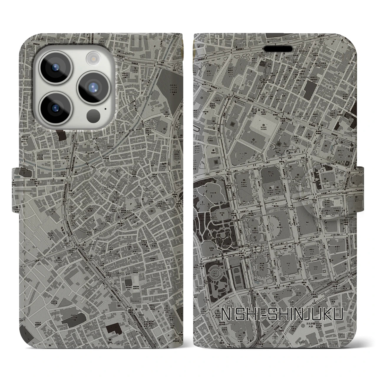 【西新宿】地図柄iPhoneケース（手帳両面タイプ・モノトーン）iPhone 15 Pro 用