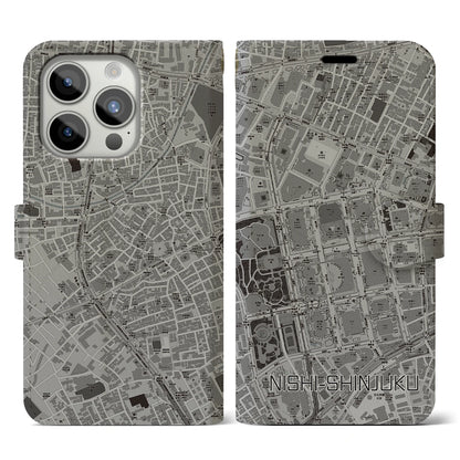 【西新宿（東京都）】地図柄iPhoneケース（手帳タイプ）モノトーン・iPhone 15 Pro 用