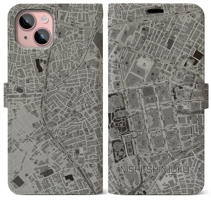 【西新宿（東京都）】地図柄iPhoneケース（手帳タイプ）モノトーン・iPhone 15 Plus 用
