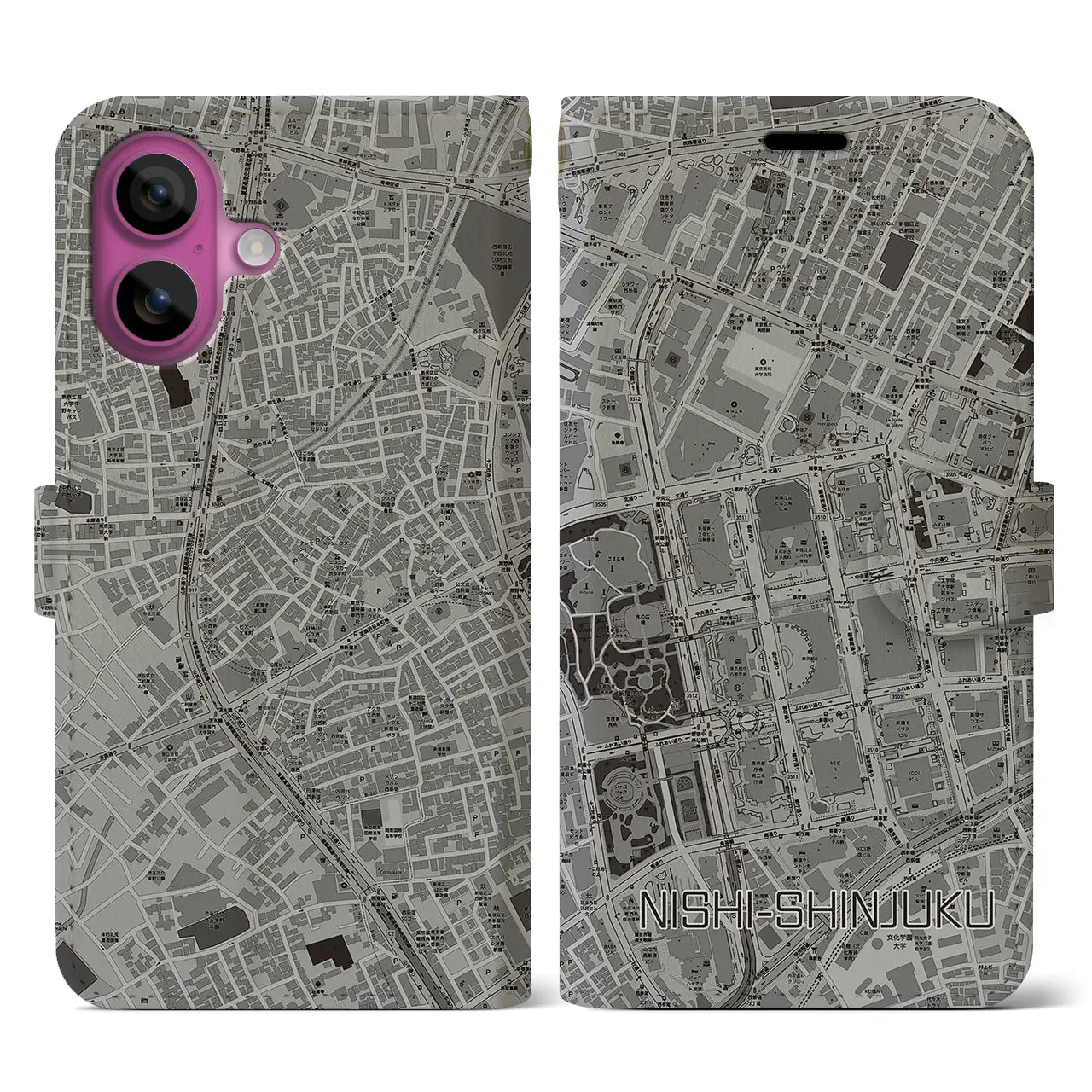 【西新宿（東京都）】地図柄iPhoneケース（手帳タイプ）モノトーン・iPhone 16 Pro 用