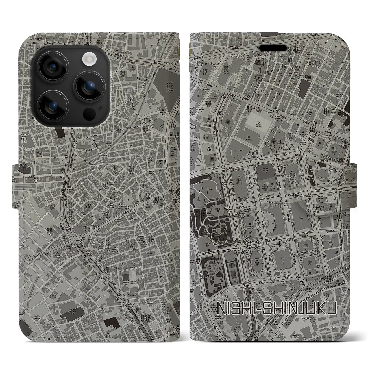 【西新宿（東京都）】地図柄iPhoneケース（手帳タイプ）モノトーン・iPhone 16 用