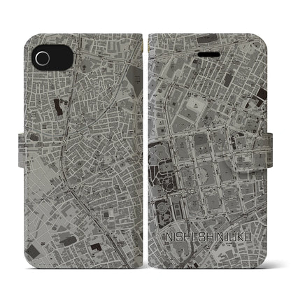 【西新宿（東京都）】地図柄iPhoneケース（手帳タイプ）モノトーン・iPhone SE（第3 / 第2世代） / 8 / 7 / 6s / 6 用