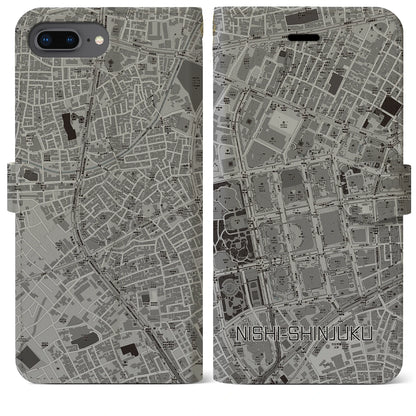 【西新宿（東京都）】地図柄iPhoneケース（手帳タイプ）モノトーン・iPhone 8Plus /7Plus / 6sPlus / 6Plus 用