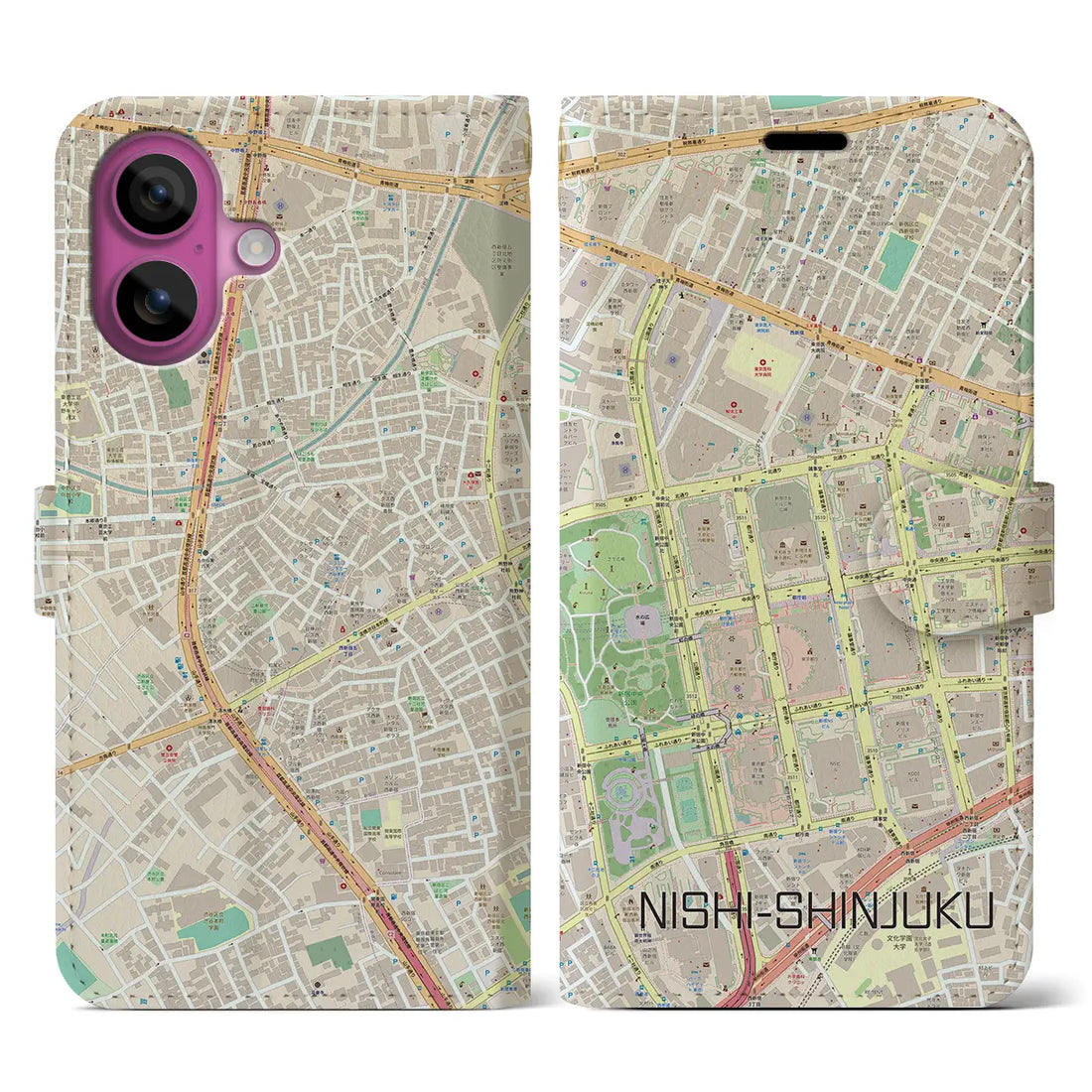 【西新宿（東京都）】地図柄iPhoneケース（手帳タイプ）ナチュラル・iPhone 16 Pro 用