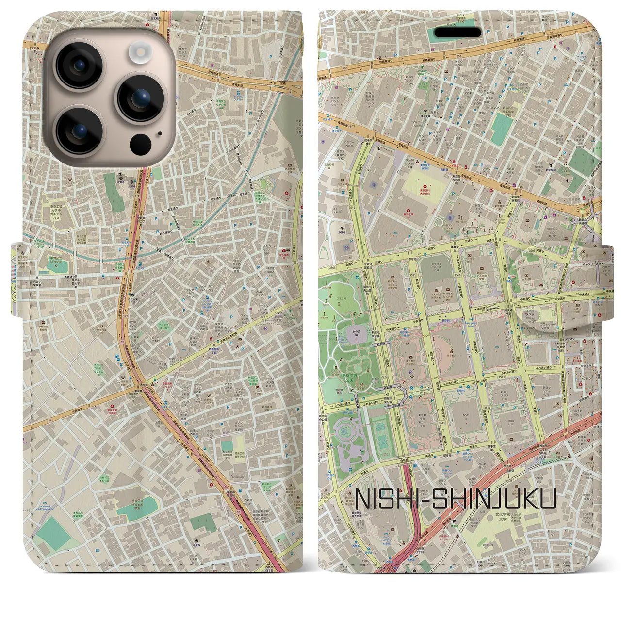 【西新宿（東京都）】地図柄iPhoneケース（手帳タイプ）ナチュラル・iPhone 16 Plus 用