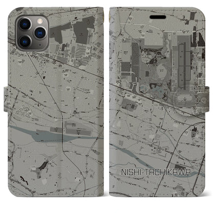 【西立川（東京都）】地図柄iPhoneケース（手帳タイプ）モノトーン・iPhone 11 Pro Max 用