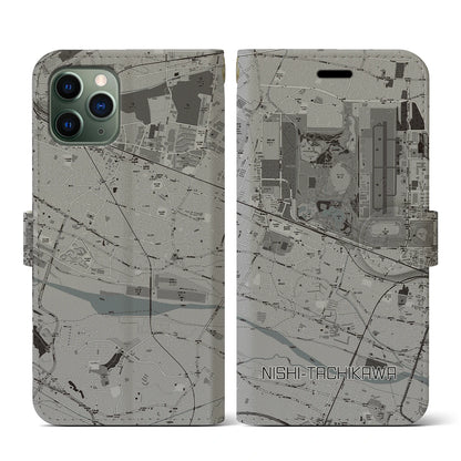 【西立川（東京都）】地図柄iPhoneケース（手帳タイプ）モノトーン・iPhone 11 Pro 用
