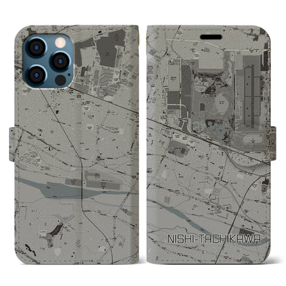 【西立川（東京都）】地図柄iPhoneケース（手帳タイプ）モノトーン・iPhone 12 / 12 Pro 用