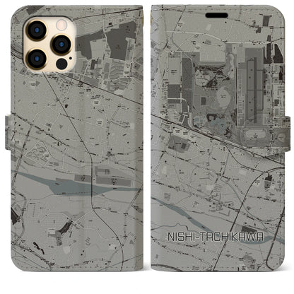 【西立川（東京都）】地図柄iPhoneケース（手帳タイプ）モノトーン・iPhone 12 Pro Max 用