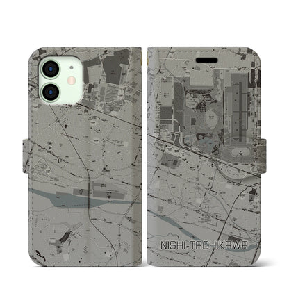 【西立川（東京都）】地図柄iPhoneケース（手帳タイプ）モノトーン・iPhone 12 mini 用