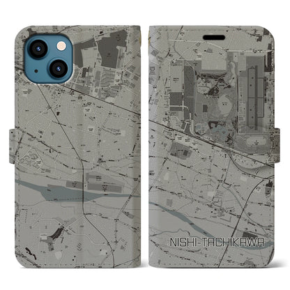 【西立川（東京都）】地図柄iPhoneケース（手帳タイプ）モノトーン・iPhone 13 用