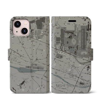 【西立川（東京都）】地図柄iPhoneケース（手帳タイプ）モノトーン・iPhone 13 mini 用