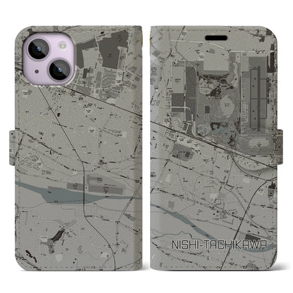 【西立川（東京都）】地図柄iPhoneケース（手帳タイプ）モノトーン・iPhone 14 用