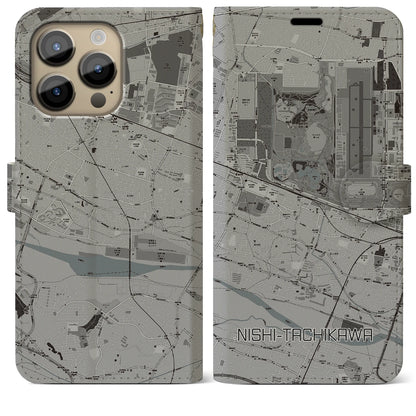 【西立川（東京都）】地図柄iPhoneケース（手帳タイプ）モノトーン・iPhone 14 Pro Max 用