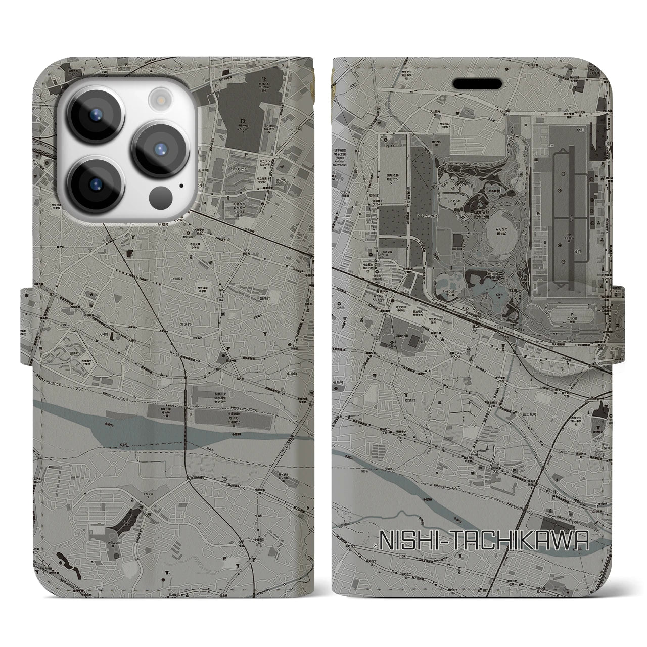 【西立川】地図柄iPhoneケース（手帳両面タイプ・モノトーン）iPhone 14 Pro 用