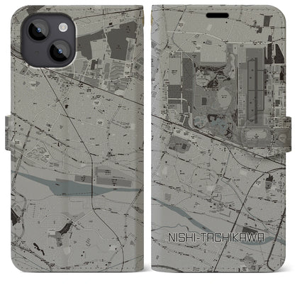 【西立川（東京都）】地図柄iPhoneケース（手帳タイプ）モノトーン・iPhone 14 Plus 用