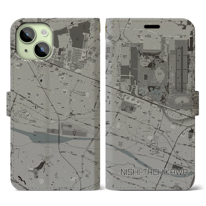 【西立川（東京都）】地図柄iPhoneケース（手帳タイプ）モノトーン・iPhone 15 用