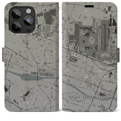 【西立川（東京都）】地図柄iPhoneケース（手帳タイプ）モノトーン・iPhone 15 Pro Max 用