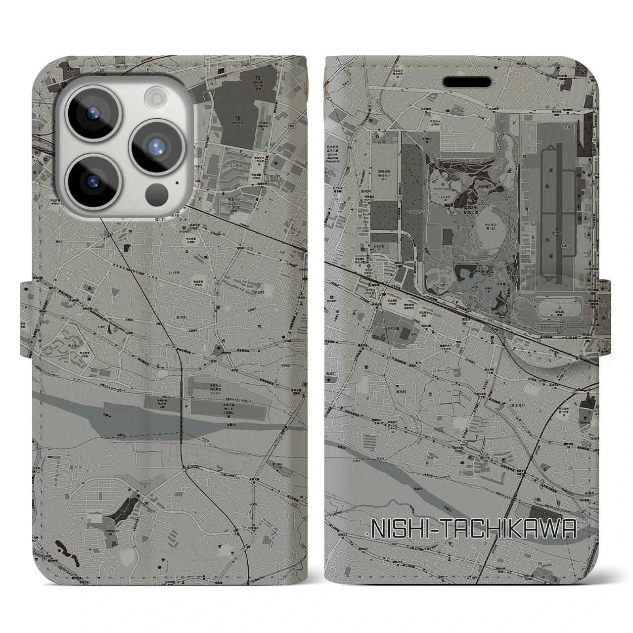 【西立川】地図柄iPhoneケース（手帳両面タイプ・モノトーン）iPhone 15 Pro 用
