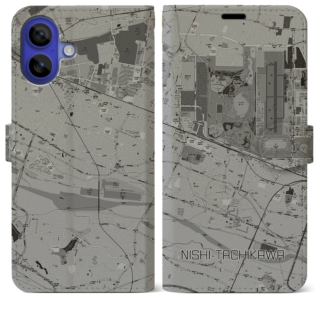 【西立川(東京都)】地図柄iPhoneケース(手帳タイプ)モノトーン・iPhone 16 Pro Max 用