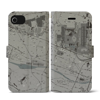 【西立川（東京都）】地図柄iPhoneケース（手帳タイプ）モノトーン・iPhone SE（第3 / 第2世代） / 8 / 7 / 6s / 6 用