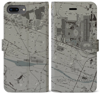 【西立川（東京都）】地図柄iPhoneケース（手帳タイプ）モノトーン・iPhone 8Plus /7Plus / 6sPlus / 6Plus 用