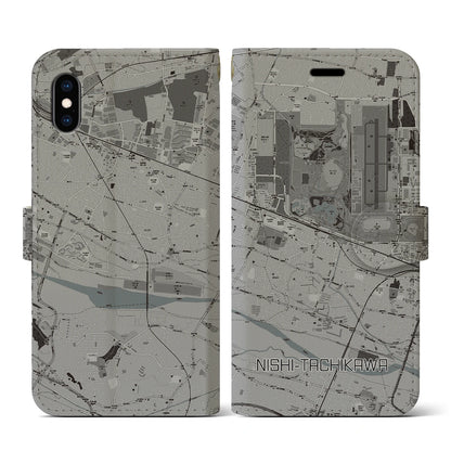 【西立川（東京都）】地図柄iPhoneケース（手帳タイプ）モノトーン・iPhone XS / X 用