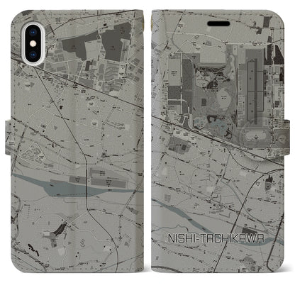 【西立川（東京都）】地図柄iPhoneケース（手帳タイプ）モノトーン・iPhone XS Max 用