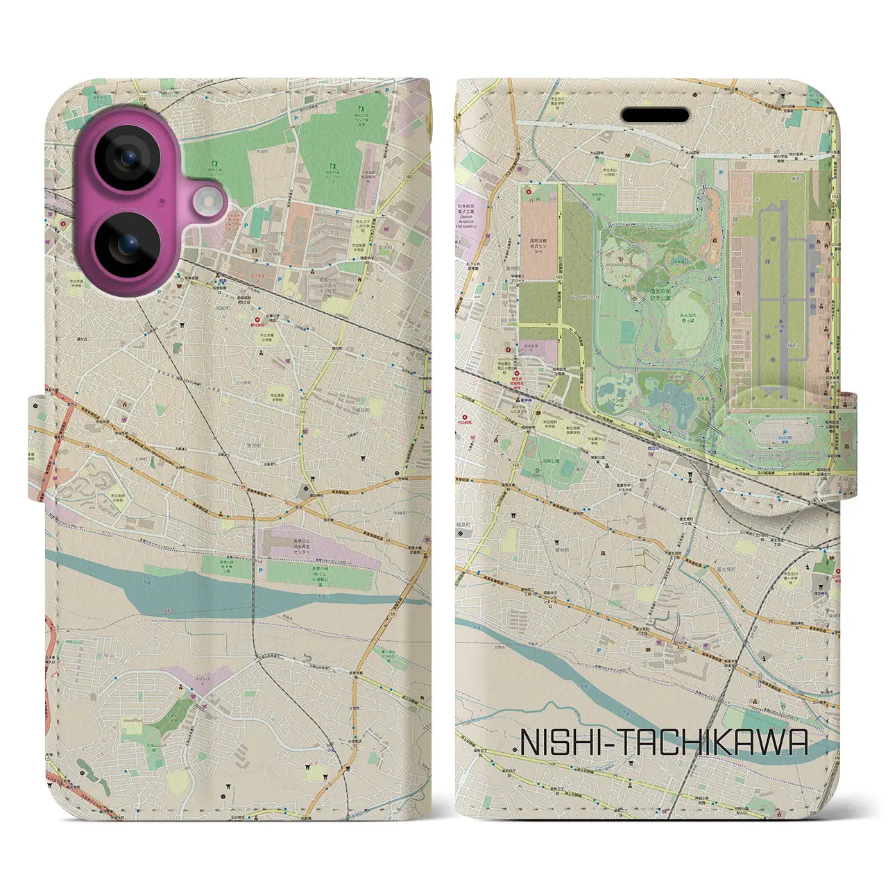 【西立川（東京都）】地図柄iPhoneケース（手帳タイプ）ナチュラル・iPhone 16 Pro 用