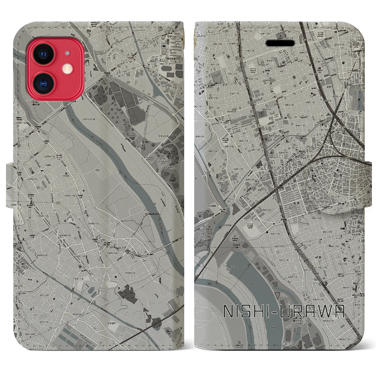 【西浦和】地図柄iPhoneケース（手帳両面タイプ・モノトーン）iPhone 11 用