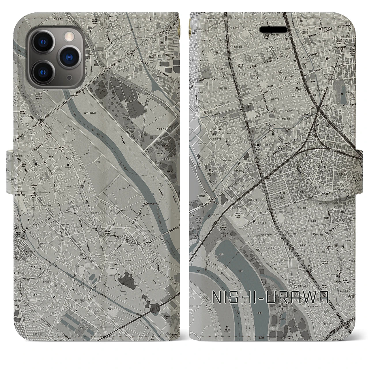 【西浦和】地図柄iPhoneケース（手帳両面タイプ・モノトーン）iPhone 11 Pro Max 用