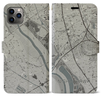 【西浦和（埼玉県）】地図柄iPhoneケース（手帳タイプ）モノトーン・iPhone 11 Pro Max 用