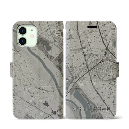 【西浦和（埼玉県）】地図柄iPhoneケース（手帳タイプ）モノトーン・iPhone 12 mini 用