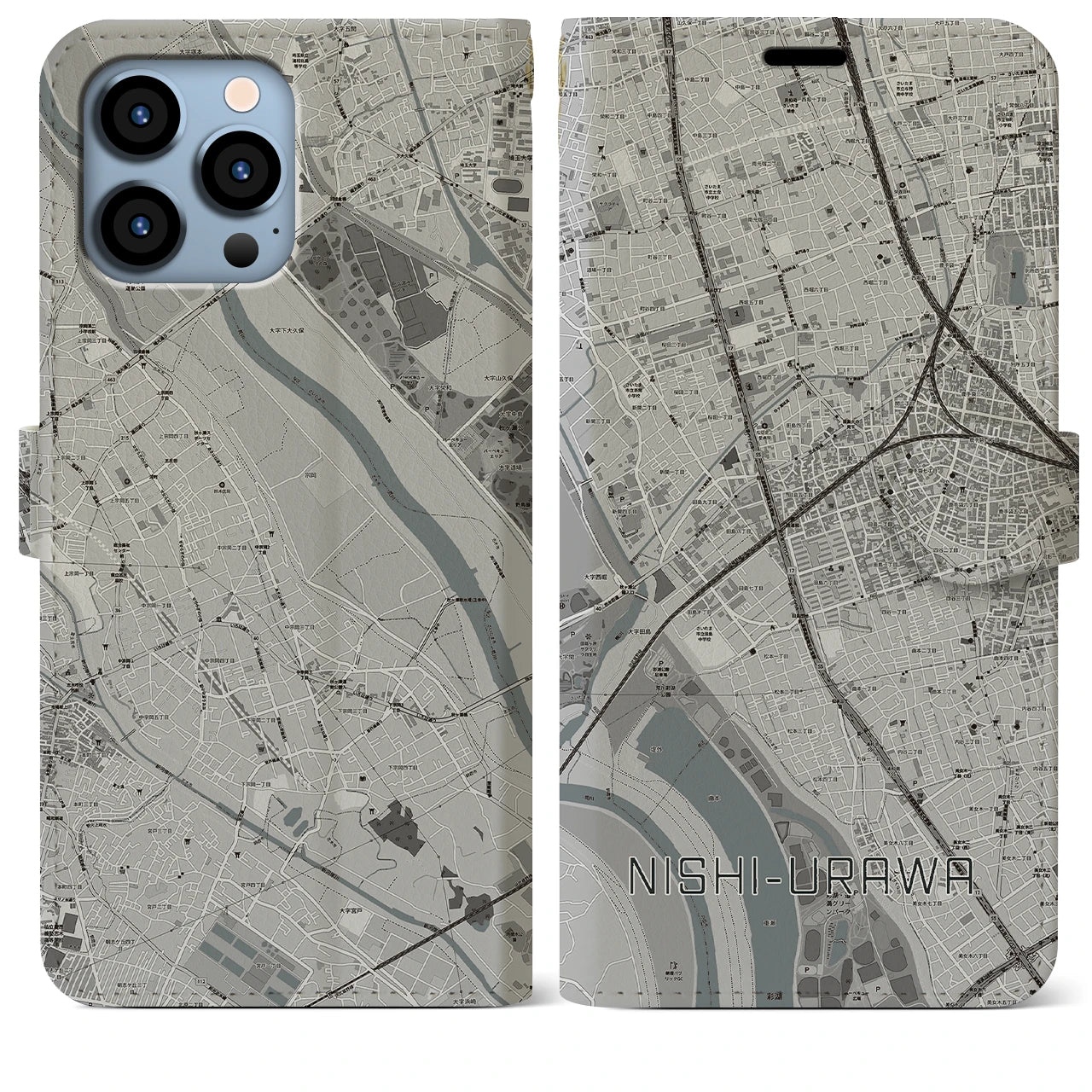 【西浦和】地図柄iPhoneケース（手帳両面タイプ・モノトーン）iPhone 13 Pro Max 用