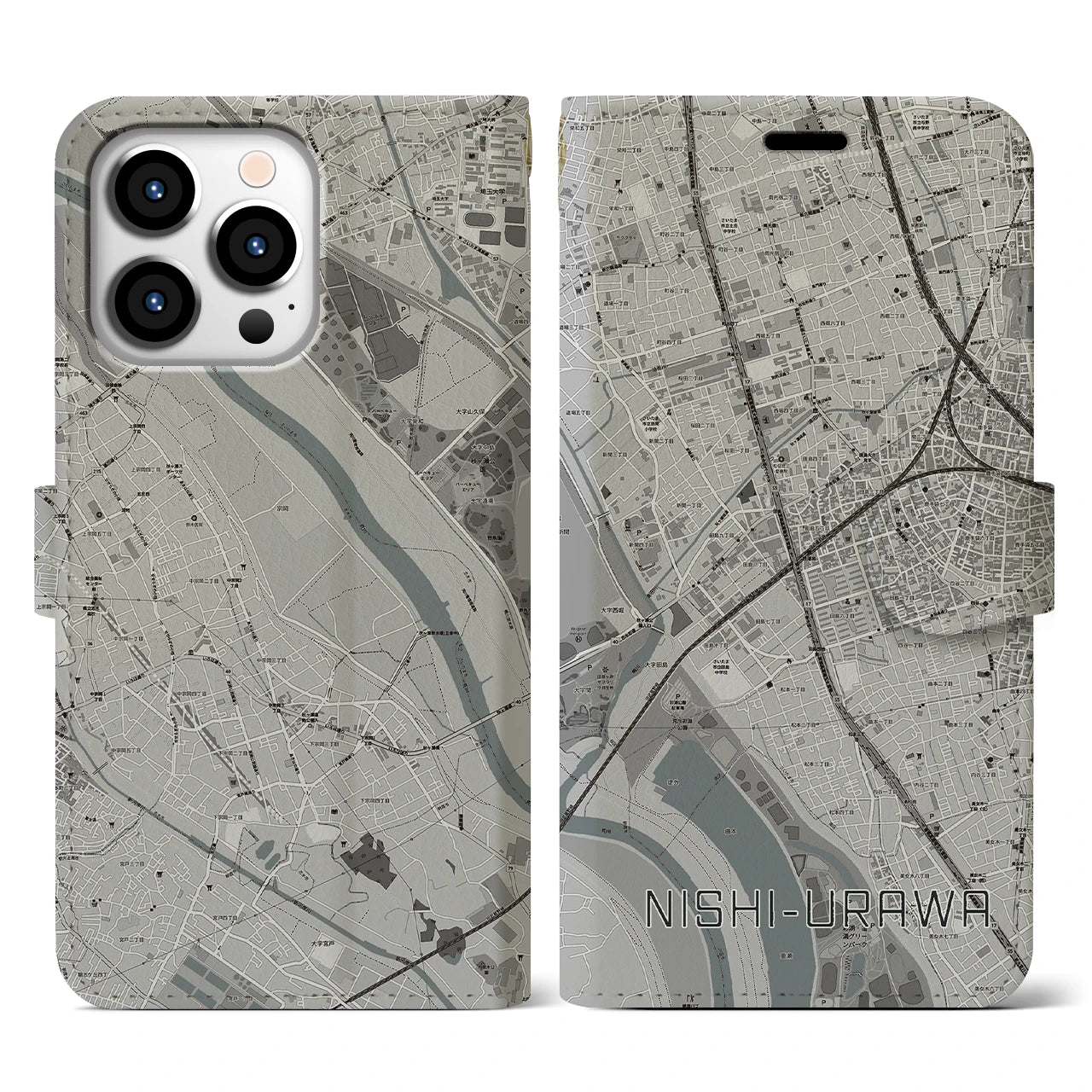 【西浦和】地図柄iPhoneケース（手帳両面タイプ・モノトーン）iPhone 13 Pro 用