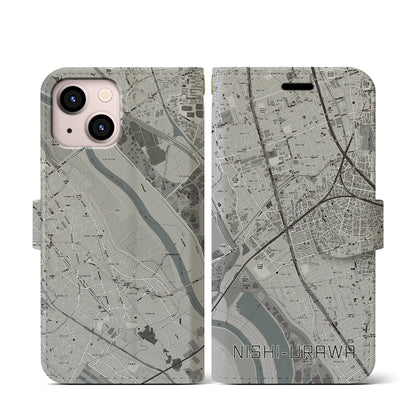 【西浦和（埼玉県）】地図柄iPhoneケース（手帳タイプ）モノトーン・iPhone 13 mini 用
