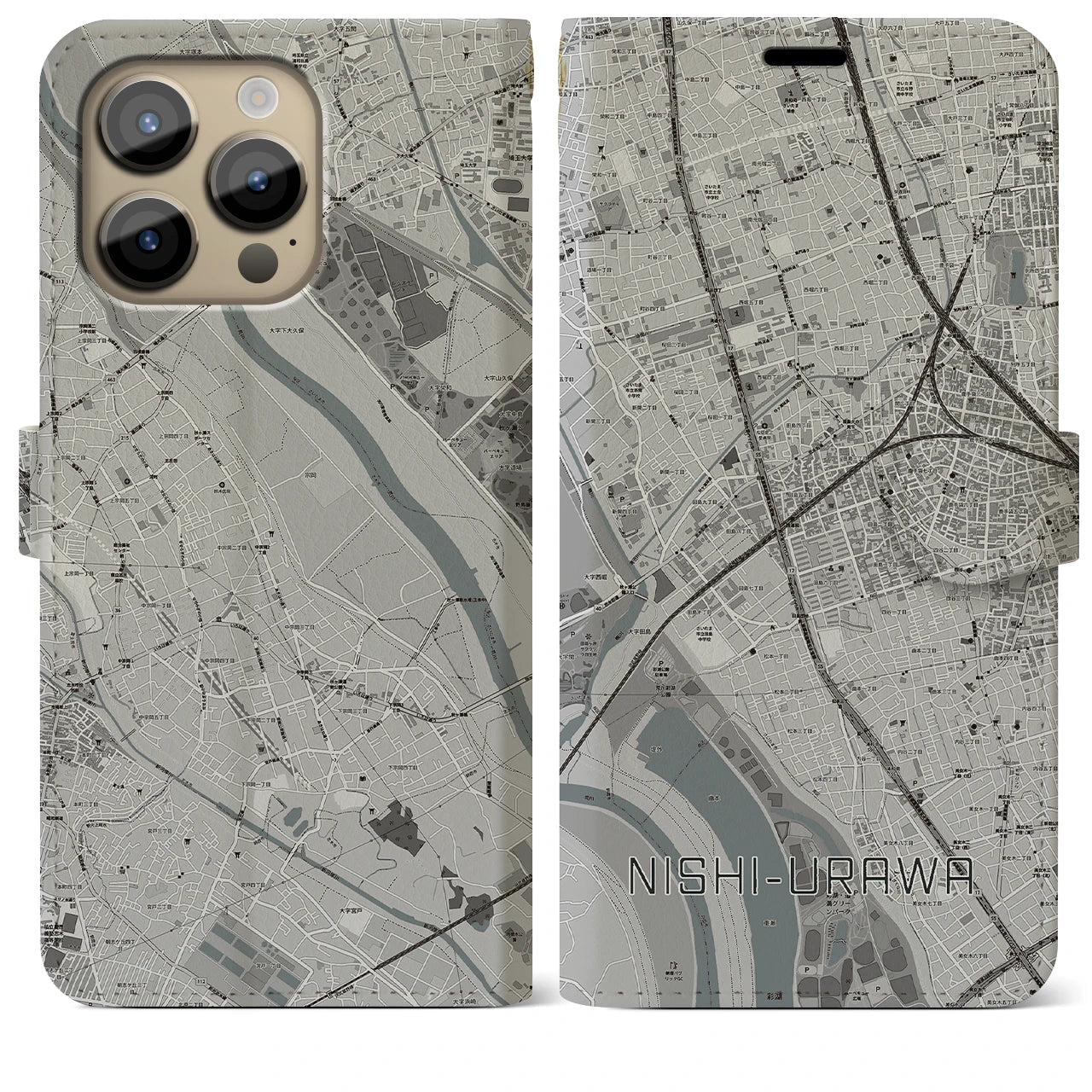 【西浦和】地図柄iPhoneケース（手帳両面タイプ・モノトーン）iPhone 14 Pro Max 用