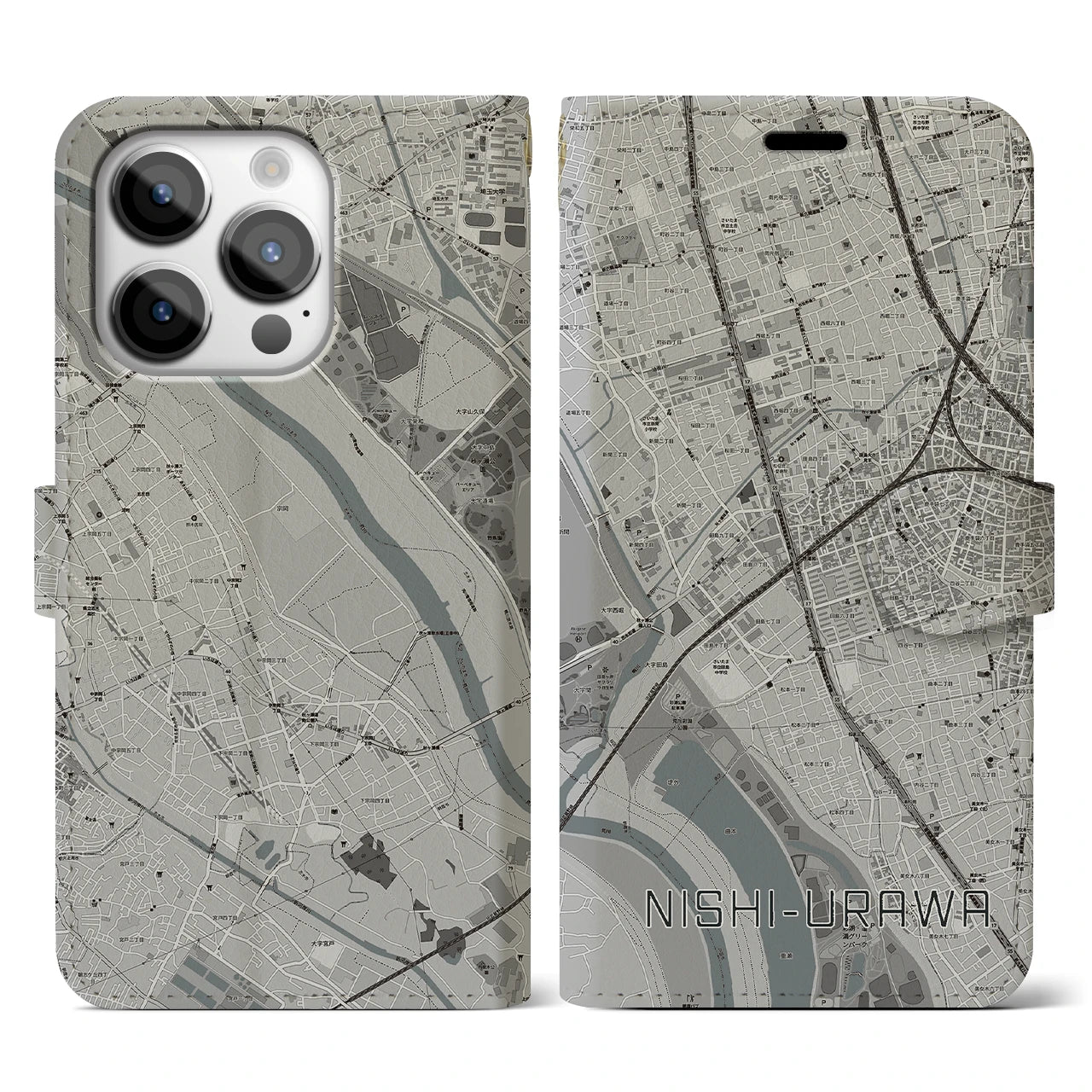 【西浦和】地図柄iPhoneケース（手帳両面タイプ・モノトーン）iPhone 14 Pro 用
