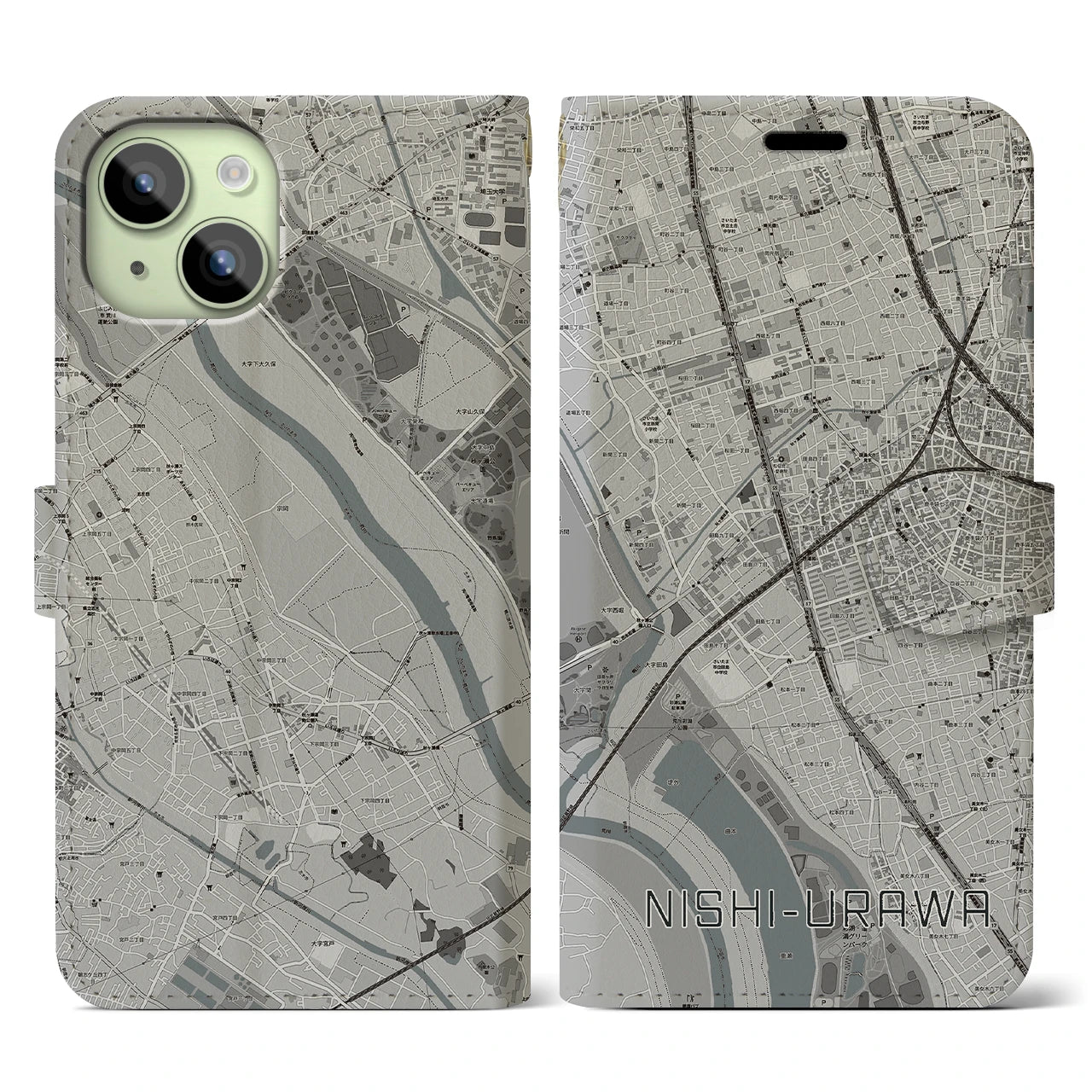 【西浦和】地図柄iPhoneケース（手帳両面タイプ・モノトーン）iPhone 15 用