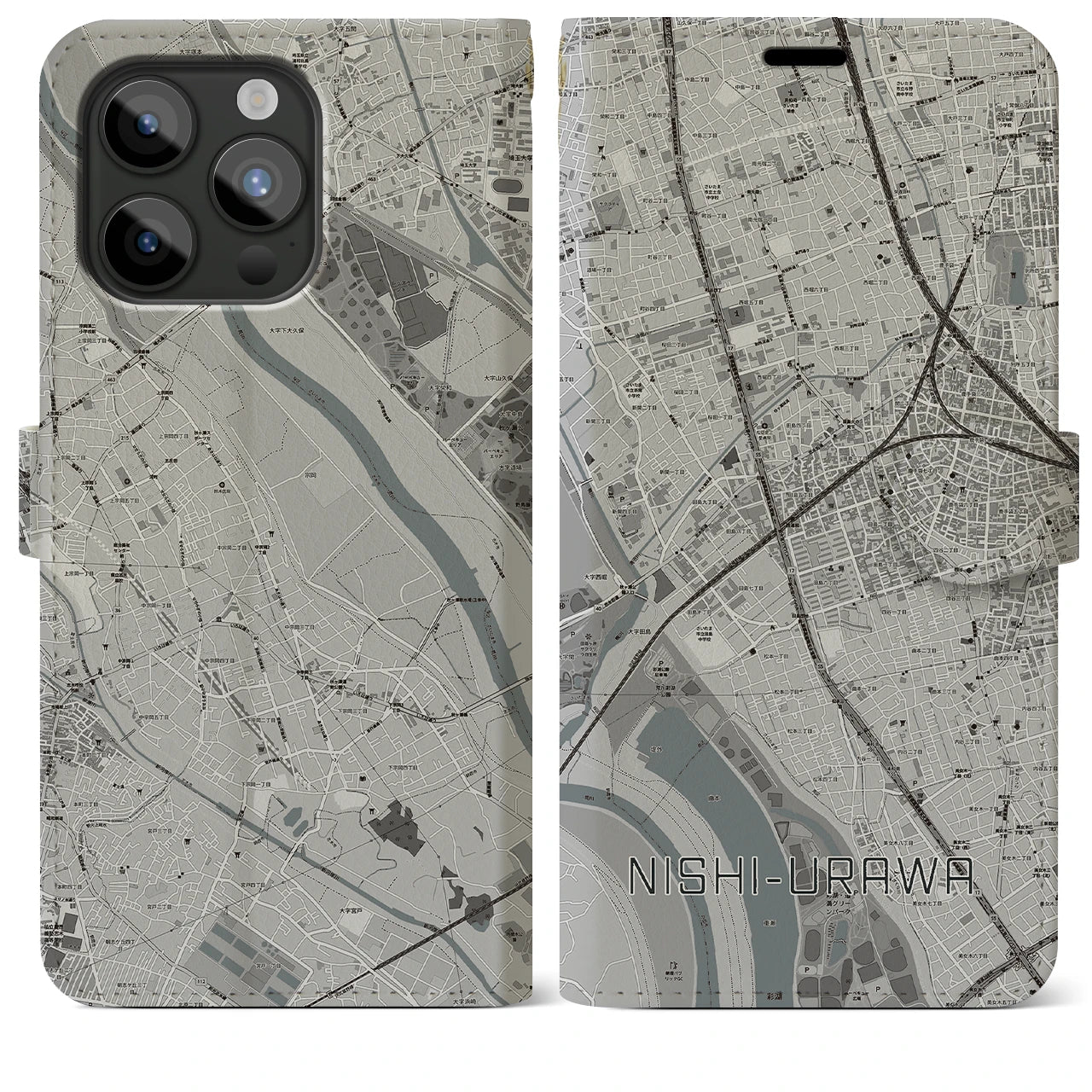 【西浦和】地図柄iPhoneケース（手帳両面タイプ・モノトーン）iPhone 15 Pro Max 用