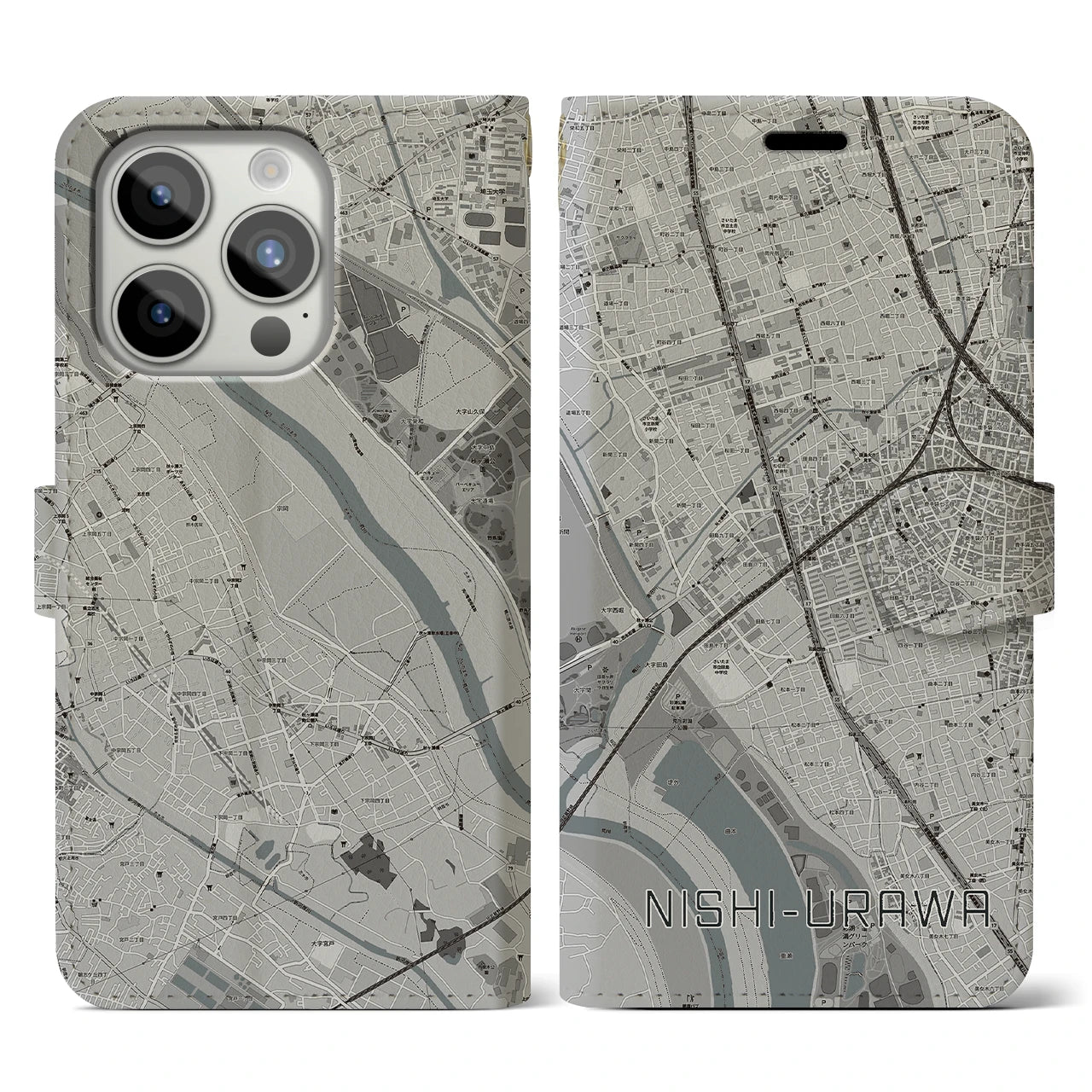 【西浦和】地図柄iPhoneケース（手帳両面タイプ・モノトーン）iPhone 15 Pro 用