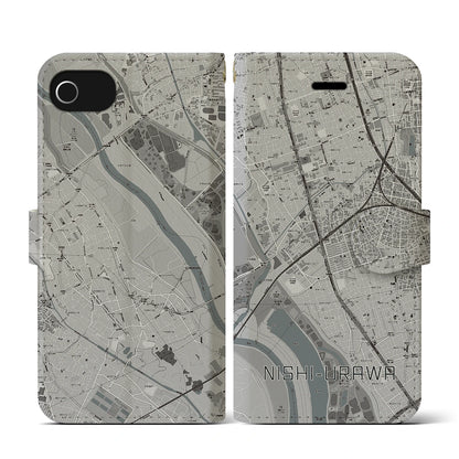 【西浦和（埼玉県）】地図柄iPhoneケース（手帳タイプ）モノトーン・iPhone SE（第3 / 第2世代） / 8 / 7 / 6s / 6 用