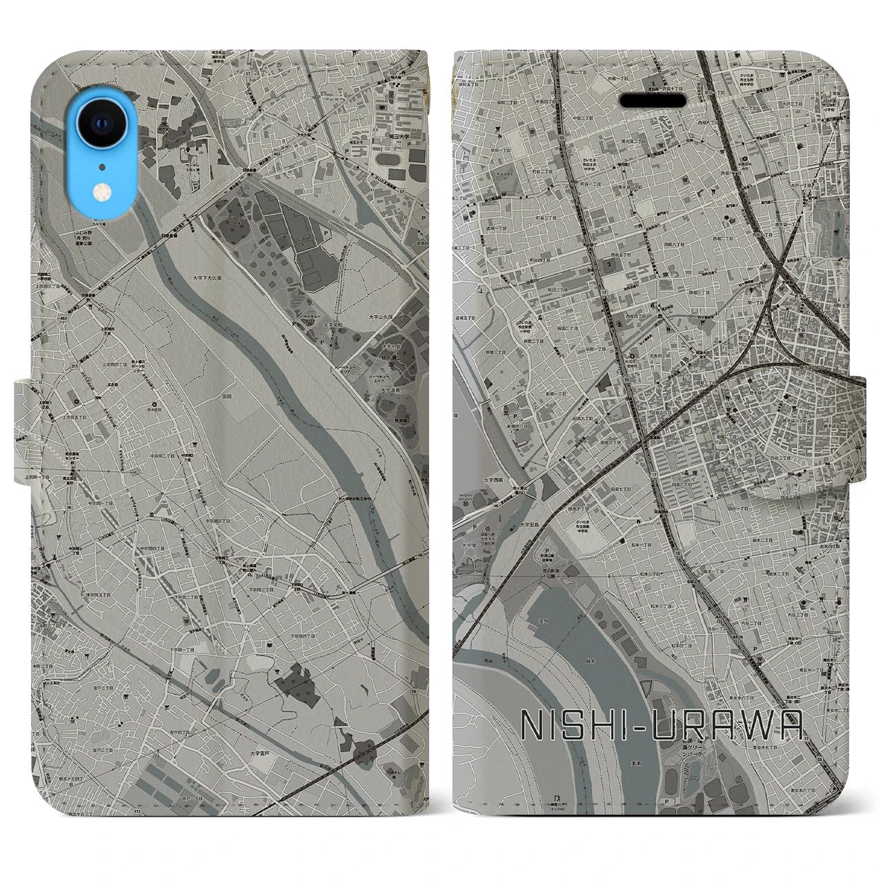 【西浦和】地図柄iPhoneケース（手帳両面タイプ・モノトーン）iPhone XR 用