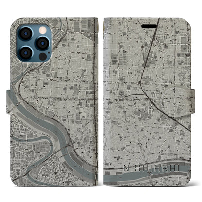 【西新井（東京都）】地図柄iPhoneケース（手帳タイプ）モノトーン・iPhone 12 / 12 Pro 用