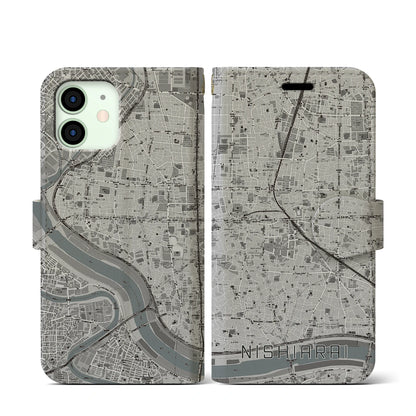 【西新井（東京都）】地図柄iPhoneケース（手帳タイプ）モノトーン・iPhone 12 mini 用