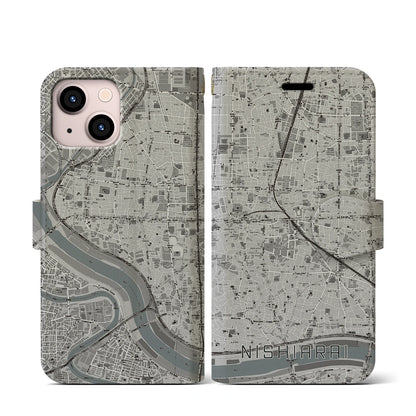 【西新井（東京都）】地図柄iPhoneケース（手帳タイプ）モノトーン・iPhone 13 mini 用